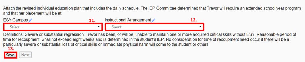 Critical areas of current IEP goals which may show regression