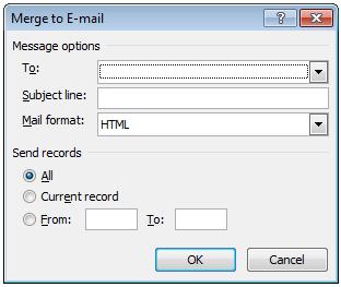 When you have previewed it and checked that is correct then click the Finish and Merge button and select Send Email Messages The Merge to e-mail dialog box appears.
