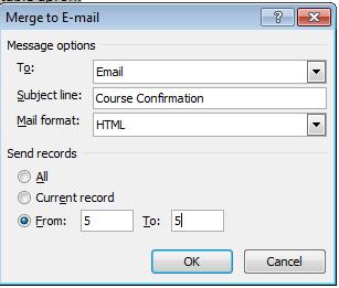 Figure 23: Merging options for Email As the record with your own details in is the fifth one in our example dataset it should go to your own email address and you can check to see if it is OK before