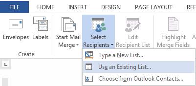 Figure 3: Mail Merge Ribbon Next you need to choose letters you can see from figure 4 that you have the option of creating email messages, envelopes, labels and directory mail merge.