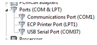 under the Device Manager window on the Windows OS. Often, the COM port number will be higher than any existing COM port value.