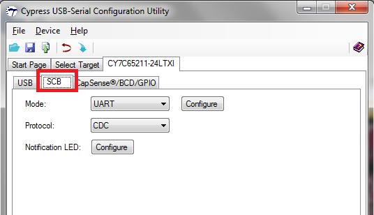 You can use the Configuration Utility to read the default settings and configure new UART settings. 1. After connecting to the USB-Serial device, click the CY7C65211-24LTXI tab. 2.