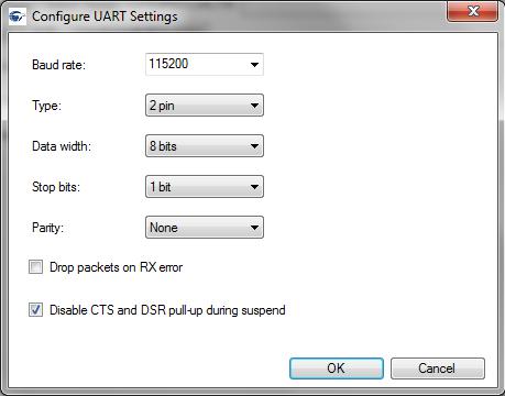 USB-Serial Configuration 3. Click Configure next to the UART mode select. The Configure UART Settings window appears, which displays the default settings for your UART-Serial device. Figure 6-5.