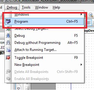 6. Select Debug > Program. Figure A-11. Programming the CY8CKIT-049-4xxx The Select Debug Target window opens. Figure A-12. Debug Target Window 7.