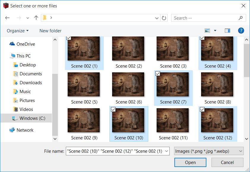 SELECT FRAMES You can select any amount of image files in arbitrary order. Click Open to start import. B.