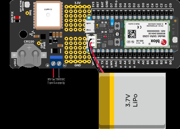 The GPS is connected to the Serial1 UART on the Electron, and we've also provided a MOSFET to completely shut off power to it for major power savings.
