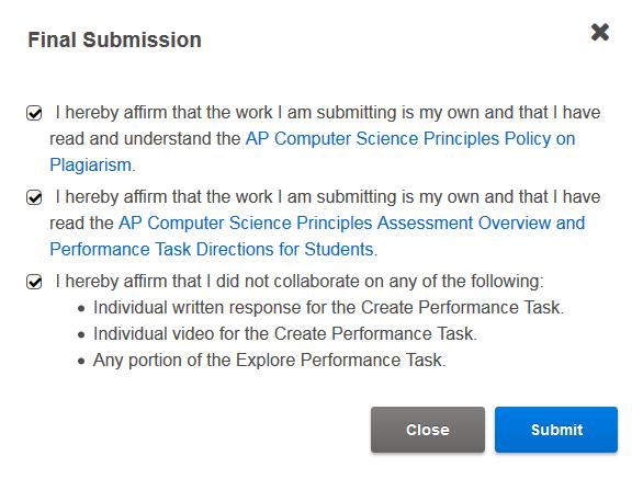 A window will appear asking you to confirm several things before you complete your final submission: o o o that you have reviewed the file and it is correct (checkboxes will remain inactive until you