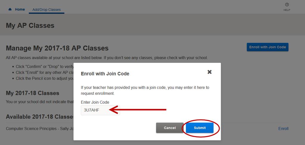 You will be redirected to the Manage My Classes page. From there, click on the Enroll with Join Code button at the top right of the page.