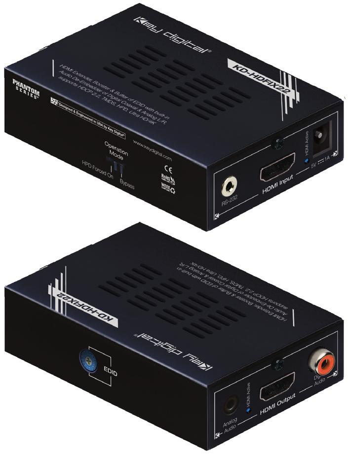 2 3 Connections The KD-HDFIX22 provides: 1x HDMI Input and 1x HDMI Output, a 3.5mm stereo jack for analog audio output, an RCA for digital audio output, a 3.