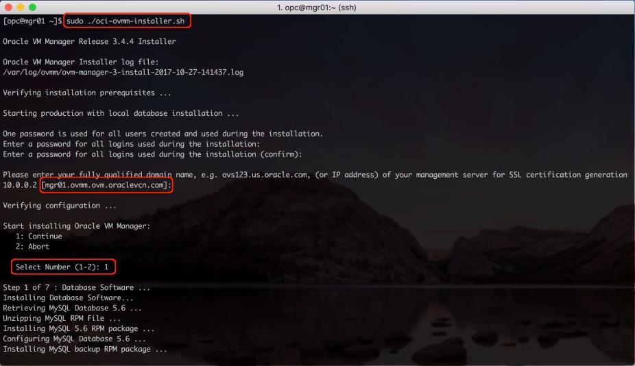 3. Start Oracle VM Manager software installation by running oci-ovmm-installer.sh with root permissions. # sudo.