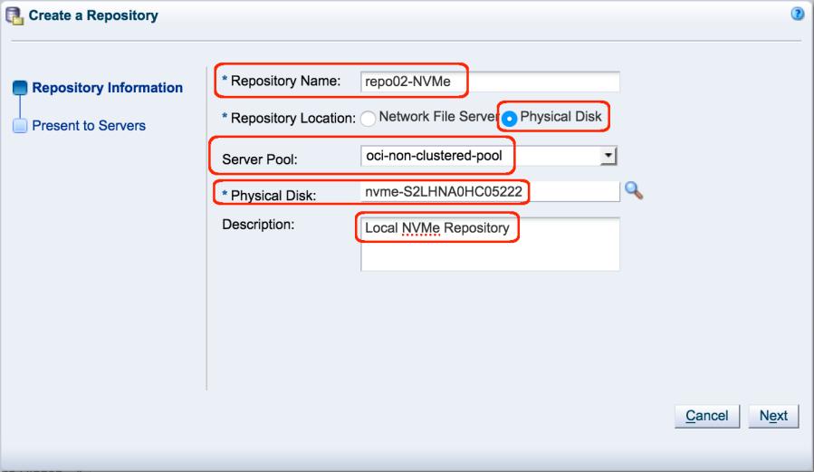 4. To create a repository on local NVMe, enter the following values on the Repository Information page of the Create a Repository wizard, and then click Next: Repository Name: Enter a name for the