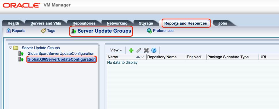 2. Click the Reports and Resources tab, click Server Update Groups, and then click GlobalX86ServerUpdateConfiguration in the left-side pane. 3.
