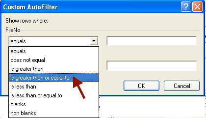 3. In the custom auto filter window, click on the down arrow to select the first comparator