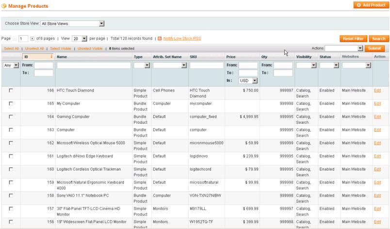 Setting Up Your Catalog Figure 90. Manage Products Page Note: Figure 90 shows the products defined in the Sample Data provided with Magento.