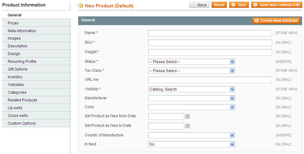 Setting Up Your Catalog Figure 92. General Tab General Tab Fill in all the mandatory fields, which are indicated by a red asterisk (*). Name: The product name as it appears in the frontend.