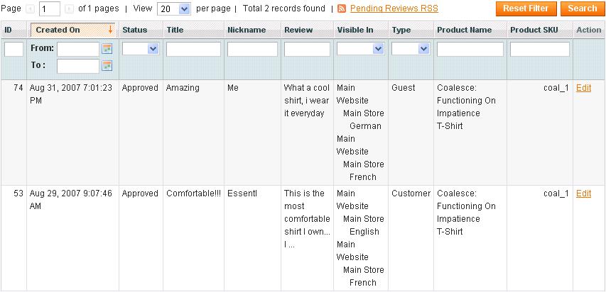 Product Reviews Tab This tab provides a list of reviews posted by customers about a product that is being edited (the tab is not available for new product records for which there are no reviews).