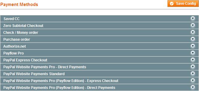 Preparing to Sell Other Payment Methods To define payments methods: 1 In the Admin Panel, select System > Configuration > Payment Methods to display the Payment Methods page, as shown in Figure 149.