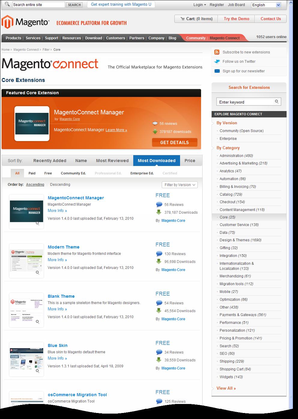 Design and Content Figure 155. Magento Connect 3. This example demonstrates the implementation of the Modern Theme. Scroll down the list of extensions and select the Modern Theme. 4.
