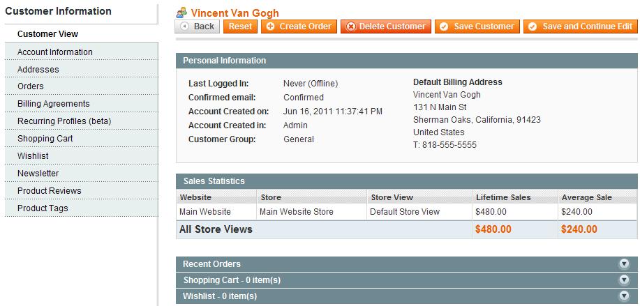 The Manage Customers page contains a list of all the customers that opened accounts in your web store or were added using the Add New Customer feature. Figure 198. Manage Customers Page 2.