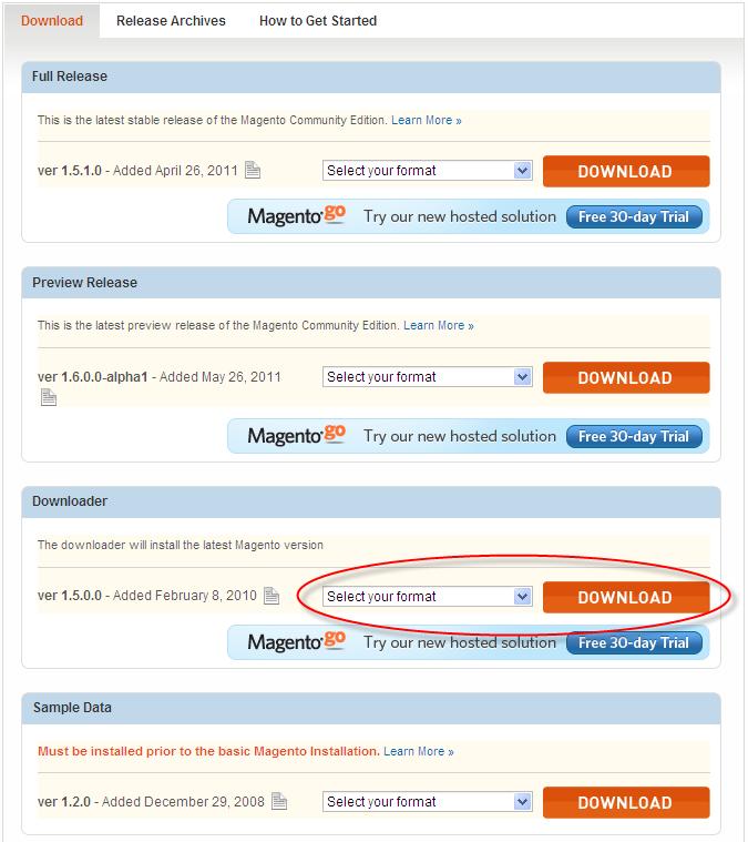 Installing Magento CE Figure 3. Magento Download Page (Magento Downloader) Note: This page will appear slightly differently on the web after a newer version is released. 2.