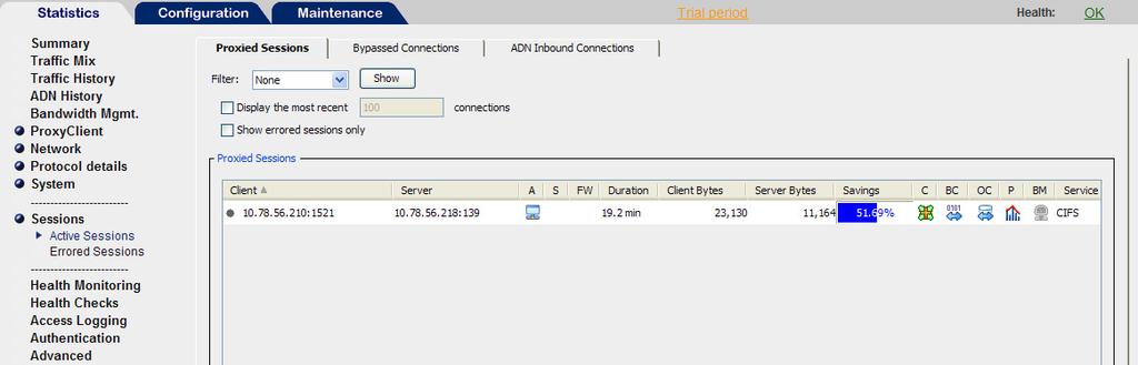 ADN Verification (Branch to Core) Have a client PC in the branch make a CIFS connection to a core server and verify that there is an ADN connection from the branch to the core.