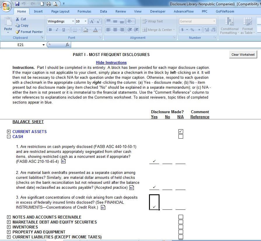 A Disclosure Checklist has five worksheets: Introduction, Part I, Part II, Subsequent Pronouncements, and Comments. (Notice the tabs at the bottom of the screens below.
