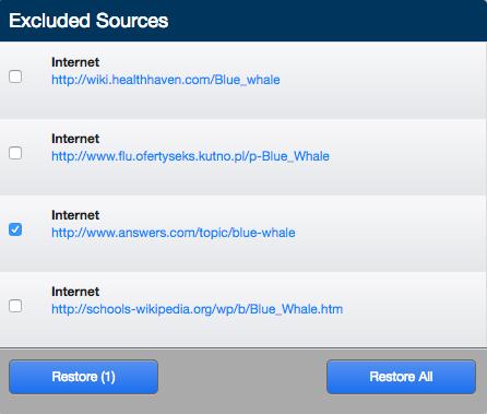 The excluded sources list shows all the sources you have selected to exclude from the report with a check-box next to each.