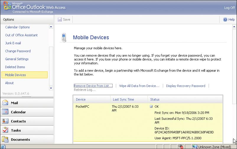 Figure 5 Managing a device through Outlook Web Access Figure 6 Wiping a user s device remotely devices when they connect to Exchange Server 2007 (see Figure 4).