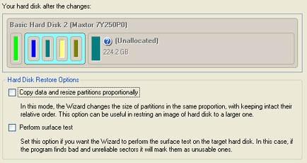 Hard Disk Manager 2008 Professional 28 User Manual 7.1.2.1 Restoring Partition: Size of the restored volume and free space before and after it on the disk. Drive letter assignment after restore.