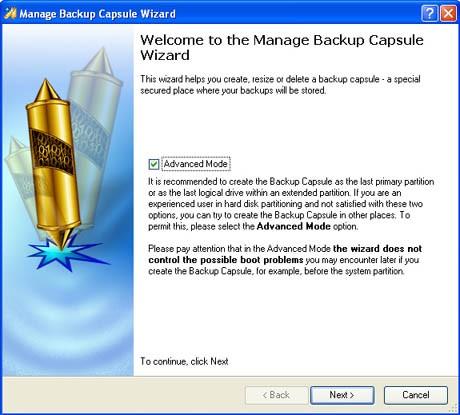 Hard Disk Manager 2008 Professional 38 User Manual To launch the Manage Backup Capsule Wizard, click the Advanced Options button of the Express Launcher and select Manage