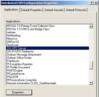 DCOM Permission for an OPC Server on Server Node 1. Configuring DCOM security settings for an OPC Server: Choose the Applications tab, Select the OPC server and click on Properties button. 2.