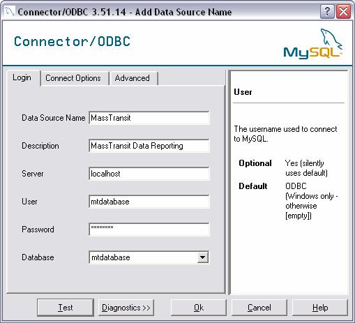 Configuring a MySQL Data Source Within the ODBC Administrator After these options have been configured, press the Test button to confirm a successful connection to the MySQL Server can be made.