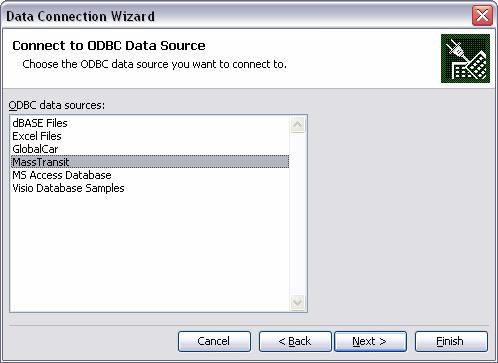 Next, from the window titled Connect to ODBC Data Source, choose the DSN that was created in the previous section. In this case, it is MassTransit.