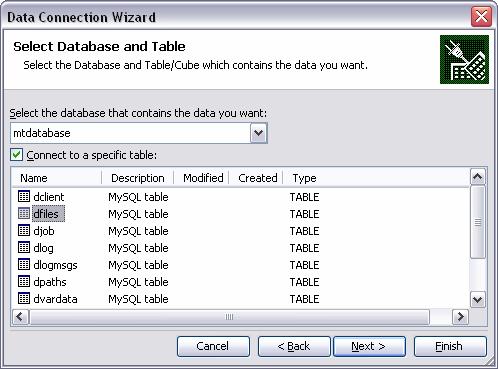 MassTransit Tables Presented Within Excel s Data Connection Wizard Select a table for reporting, and then click the Next button.