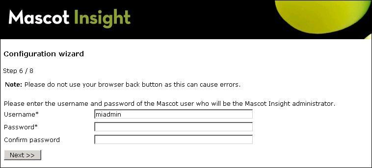 Next enter a username and password you wish to use for the Mascot Insight administrator user.