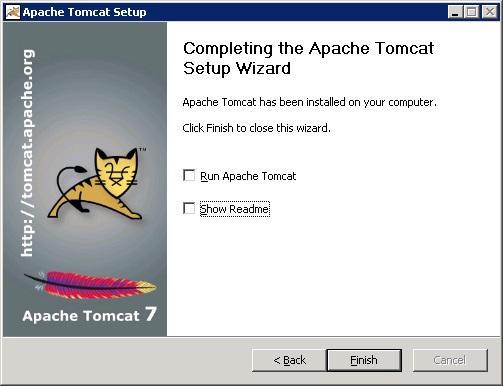 Once Apache Tomcat has installed, you can uncheck the 'Run Apache Tomcat' checkbox if you wish, as the Mascot Insight installer will stop and then restart the