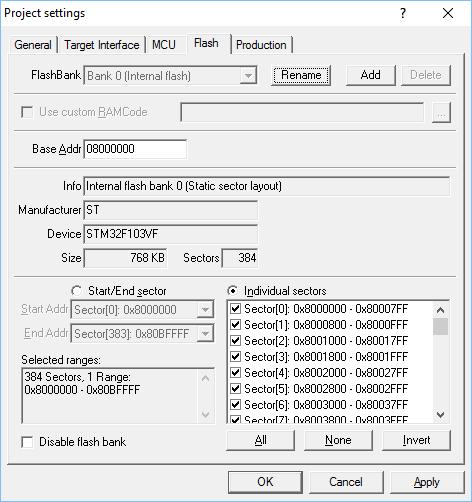 34 CHAPTER 4 Project Settings Flash Settings: internal Flash 4.1.4.1 Base Address This is the base address of the flash. 4.1.4.2 Sector selection The final section of this dialog indicates the sectors to be acted upon, whether they are to be cleared, read back, or written.