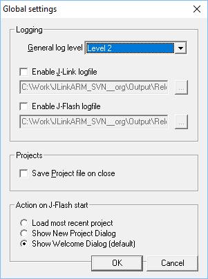 38 CHAPTER 4 Global Settings 4.2 Global Settings Global Settings Global settings are available from the Options menu in the main window. General log level This specifies the log level of J-Flash.
