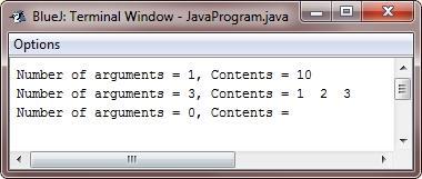 public static void main(string args[]) When the above Java program is compile and executed, it will produce the following outpu //notice how an array must be create to hold the arguments int n1[] =