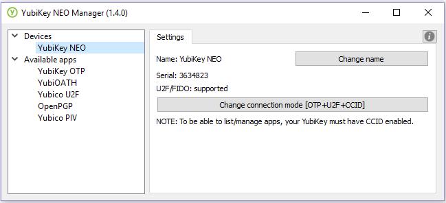 7. Insert your YubiKey NEO again into a USB port of your computer, and confirm that CCID is enabled (the Change connection mode button now shows CCID, and