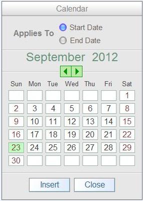 Calendar 1 2 3 This calendar is displayed when you click on the Calendar Icon in the Manage Cards screen. 1. Select date field you wanted the date inserted to.