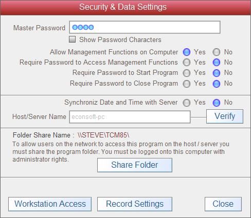 Changing Security Settings (Host/Server) To change Security & Data Settings for the host/server computer or workstation computers click on the Security icon as shown in Figure 1 below.