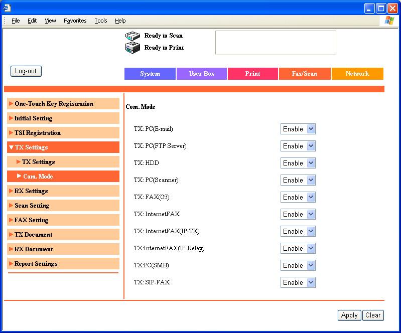 Specifying settings using PageScope Web Connection 12 Communication mode Select whether to enable or disable the individual communication modes.