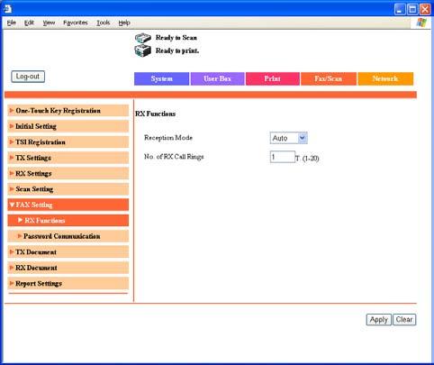 Specifying settings using PageScope Web Connection 12 To specify the reception function settings 1 In the Administrator mode, click the [Fax/Scan] tab.