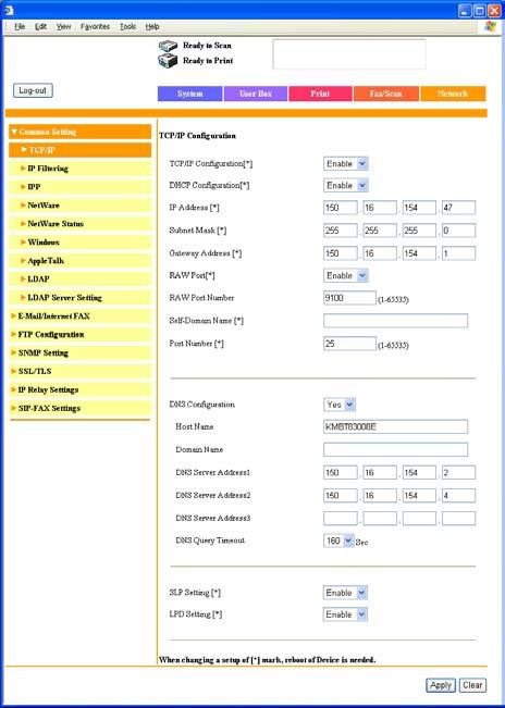 Specifying settings using PageScope Web Connection 12 To specify the TCP/IP settings 1 In the Administrator mode, click the [Network] tab.