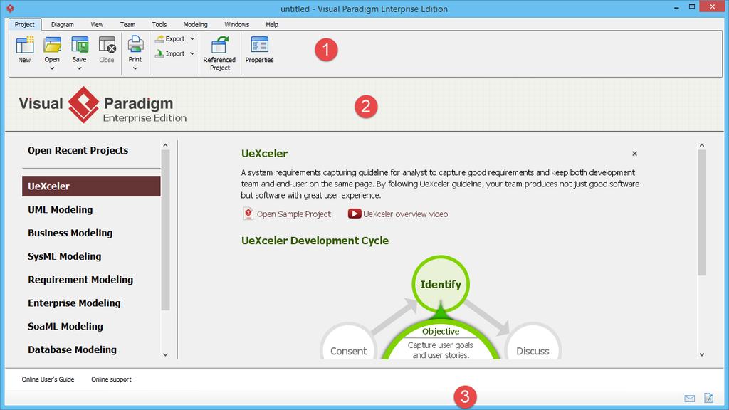The Environment No. Name Description 1 Toolbar A tabbed toolbar that allows you to perform various operations in Visual Paradigm. 2 Diagram editor The diagram will be displayed in diagram editor.