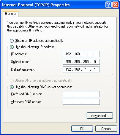 following IP address and set the values to: IP Address: 192.168.1.1 Subnet Mask: 255.255.255.0 Default Gateway: 192.168.1.1 (6) Use a ping request to 192.