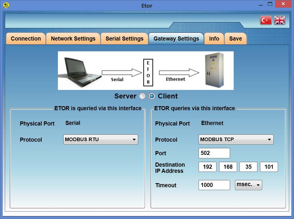 SECTION 3 CONFIGURATION SOFTWARE Figure 3-12 Client Mode Settings Screen Server Mode Communication Example: In this scenario, it is desired to take data from a device at address 192.168.1.101, that accepts MODBUS RTU query from port no.