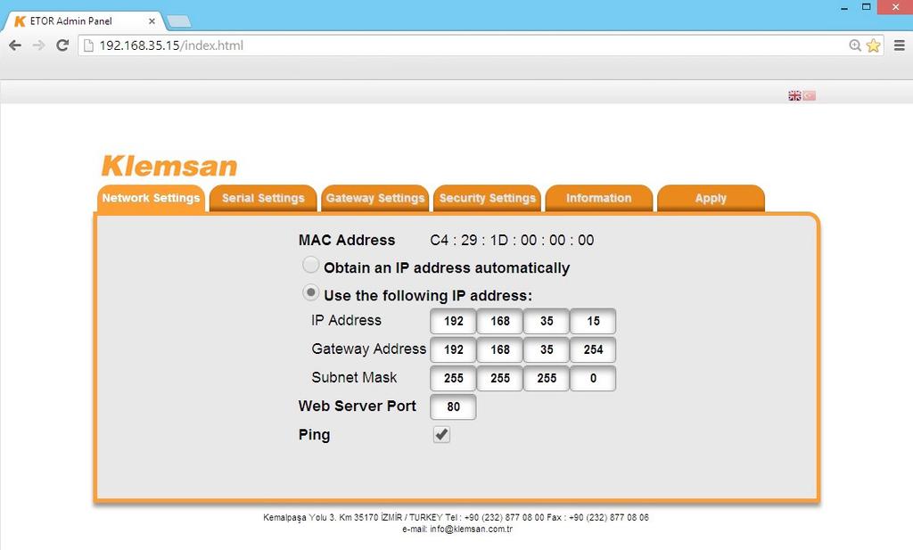 Home page of the Web interface can be accessed by writing ETOR s default IP address 192.168.35.