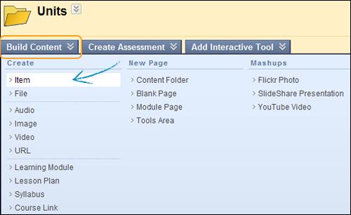 Creating Content in a Course Area After creating a course area, such as a Content Area, Learning Module, Lesson Plan, or folder, you create content in it by pointing to its Action Bar to reveal menus